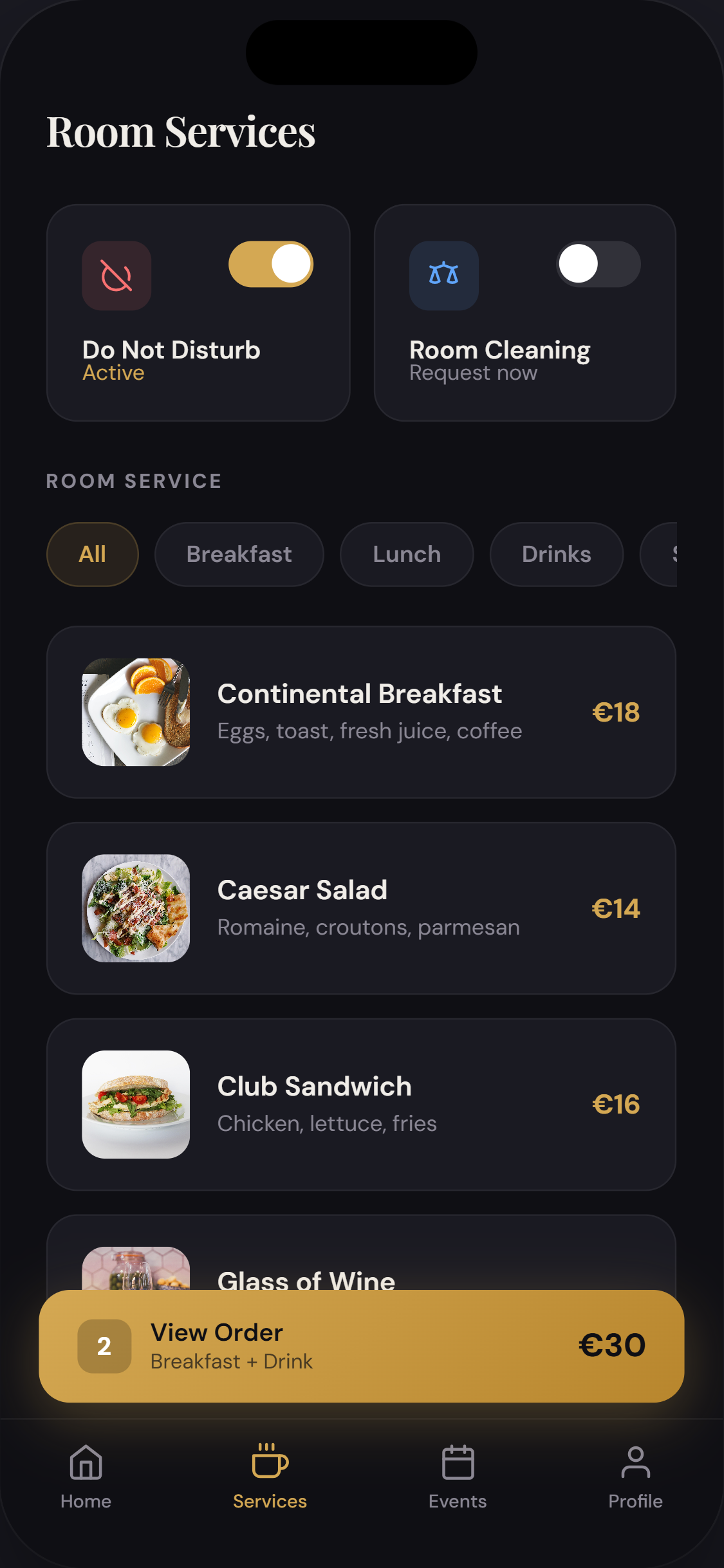 Hotel app room service screen